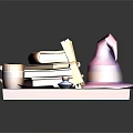 Wizard Hat And Stack Of Magic Books With Scrolls On Wooden Tray 3d model
