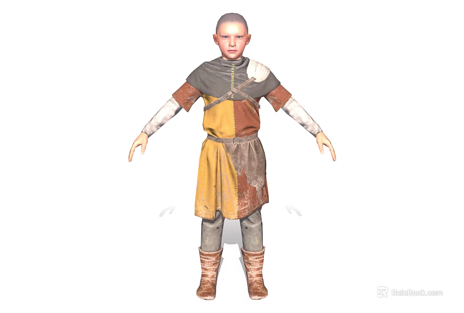 Bald Child Wearing Colorful Patched Long Sleeved Skirt Like Garment With Boots 3d model 