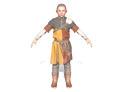 Bald Child Wearing Colorful Patched Long Sleeved Skirt Like Garment With Boots 3d model