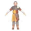 Bald Child Wearing Colorful Patched Long Sleeved Skirt Like Garment With Boots