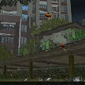 Scenic Urban Landscape With Tall Buildings Green Plants Wooden Bridge And Pond With Fish