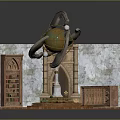 Detailed 3D Interior Scene With Globe Bookshelf Stone Wall Wooden Door Balustrade And Wooden Floor