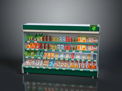 Green And White Display Shelf With Multiple Layers Stocked With Beverages And Snacks 3d model