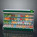 Green And White Display Shelf With Multiple Layers Stocked With Beverages And Snacks