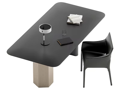 Modern Desk Black Tabletop With Wooden Leg Lamp Glass Cup Notebook And Black Chair 3d model