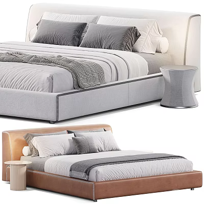 Modern Double Bed With Upholstered Headboard Gray Bedding And Wooden Side Table 3d model