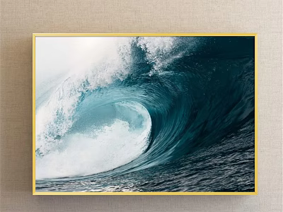 Stunning Seascape Painting Featuring Huge Deep Blue Wave With White Foam Curl And Golden Frame 3d model