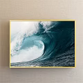 Stunning Seascape Painting Featuring Huge Deep Blue Wave With White Foam Curl And Golden Frame