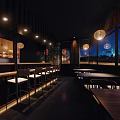 Japanese Restaurant Interior With Wooden Seating Lanterns Bar Counter And Night View Windows