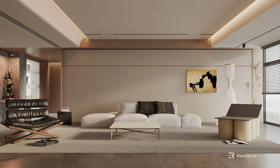 Modern Minimalist Living Room Interior With Beige Sofa Coffee Table And Abstract Painting 3d model 