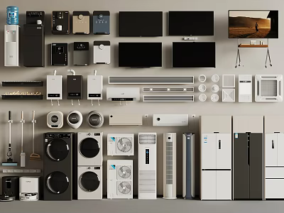 Various Home Appliances Collection With Refrigerators TVs Washing Machines Microwaves And Vacuum Cleaners 3d model