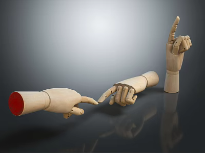 Wooden Mechanical Hands Showing Different Poses Including Pointing And Raised Finger On Reflective Surface 3d model