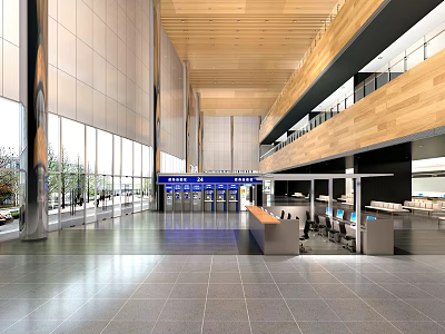 Modern Service Hall Interior With Spacious Layout Glass Windows And Service Counters 3d model