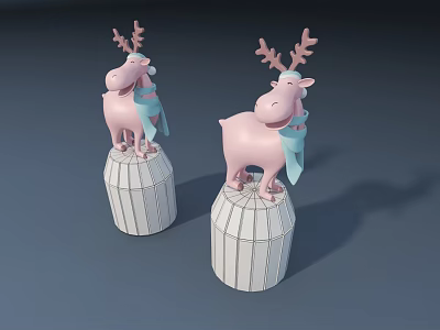 Cute Pink Deer Dolls With Antlers And Blue Scarves On White Cylindrical Bases 3d model