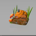 Orange Mushroom Shaped House With Green Grass Decorative Mushrooms Fence Stones And Hanging String Lights