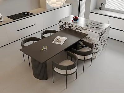 Dark Modern Dining Table Set With Four Upholstered Chairs Marble Island Kitchen Interior 3d model