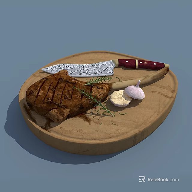 Tender Grilled Steak with Rosemary and Garlic on Wooden Cutting Board 3d model 