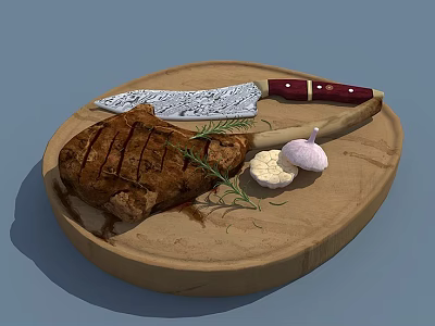 Tender Grilled Steak with Rosemary and Garlic on Wooden Cutting Board 3d model