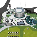 Modern Garden Landscape Design with Curved Walkway Circular Blue Structure Lawn and Trees