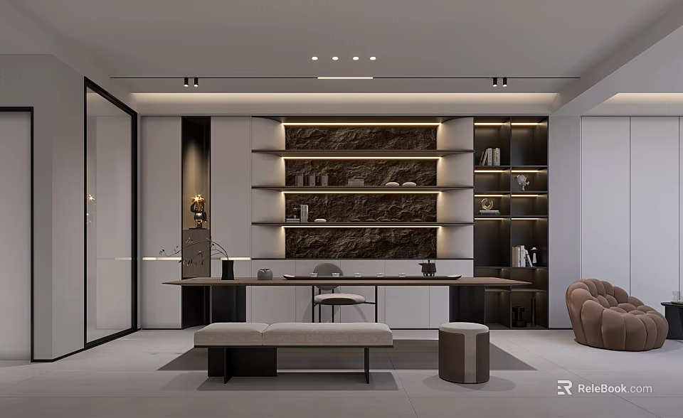 Modern Tea Room With Long Table And Illuminated Storage Shelves 3d model