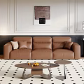 Brown Leather Sofa And Coffee Table Set With Armchair Ottoman And Patterned Rug 3d model