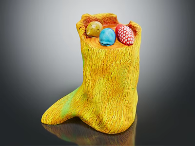 Yellow Textured Boot Shaped Container Holding Colorful Balls Yellow Blue And Polka Dot 3d model