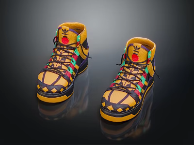 Yellow High-top Shoes With Colorful Laces Geometric Patterns And Red Logo 3d model