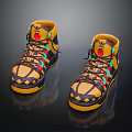 Yellow High-top Shoes With Colorful Laces Geometric Patterns And Red Logo