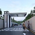 Modern Entrance Gate With Canopy Trees Pedestrians Vehicles And Directional Markings