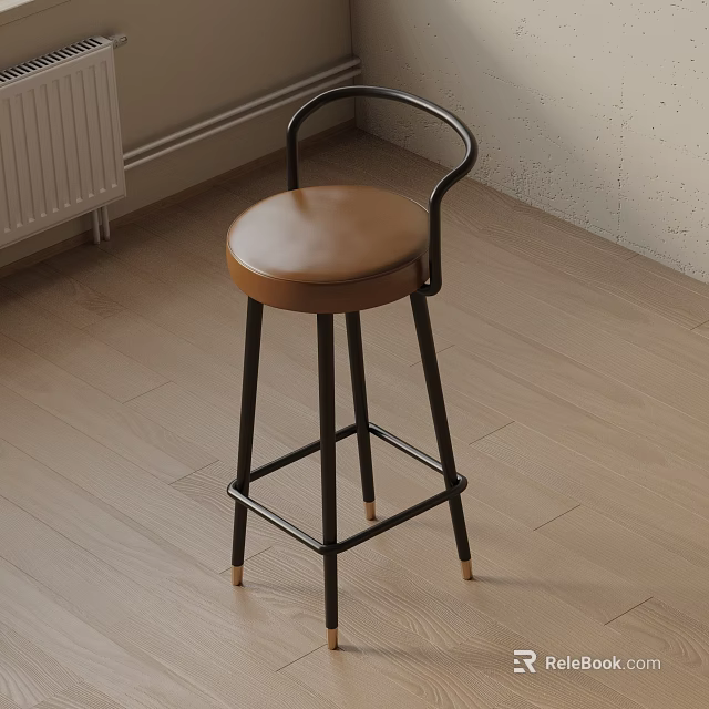Modern Bar Stool With Brown Leather Seat And Black Metal Frame On Light Wooden Floor 3d model 