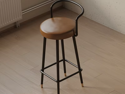 Modern Bar Stool With Brown Leather Seat And Black Metal Frame On Light Wooden Floor 3d model