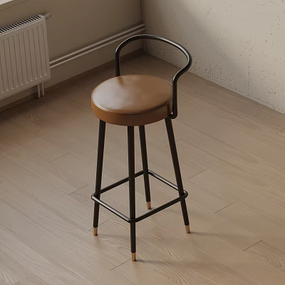 Modern Bar Stool With Brown Leather Seat And Black Metal Frame On Light Wooden Floor 3d model