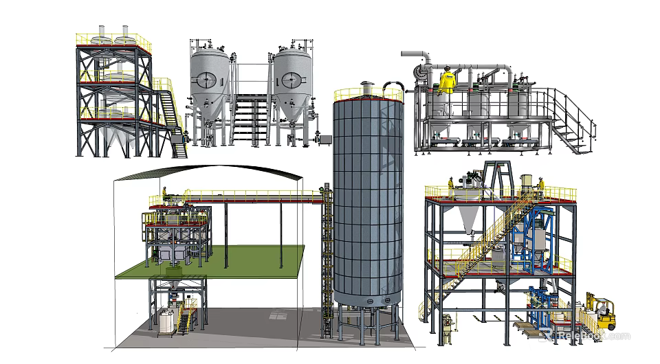 Industrial Equipment Setup With Storage Tanks Reactors Processing Towers And Piping Systems 3d model 