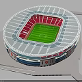 Modern Stadium Architecture With Red Seats Green Football Pitch And White Roof Structure
