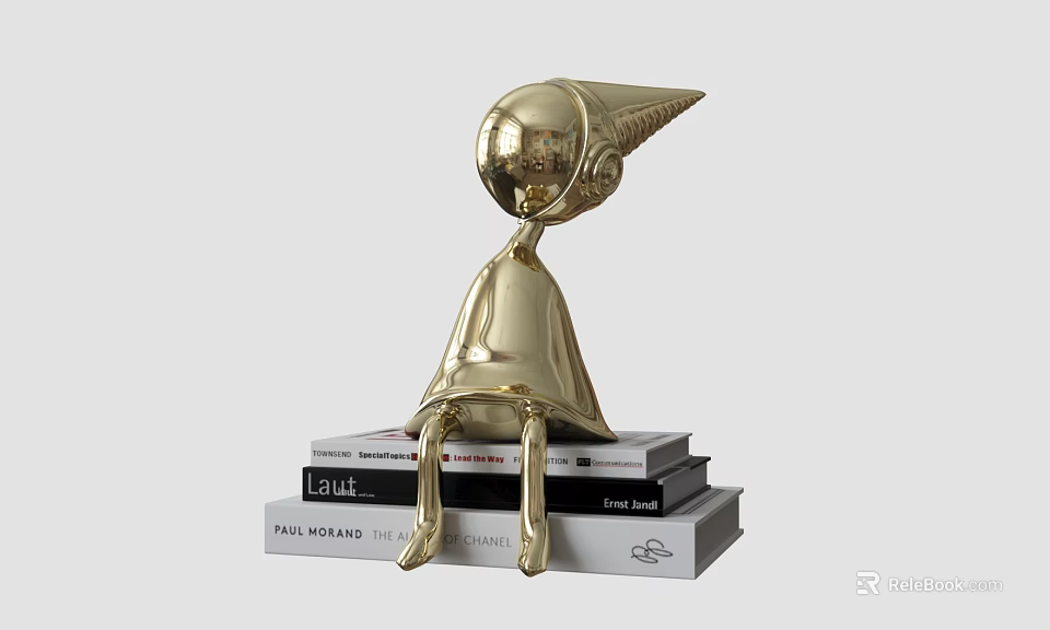 Golden Abstract Figure Decorative Ornament Set On Stack Of Books 3d model 