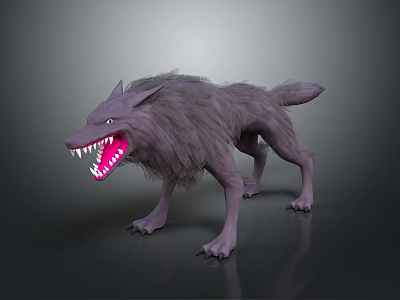 3D Wolf Model with Gray Fur Fierce Expression Open Mouth Sharp Teeth on Dark Ground 3d model
