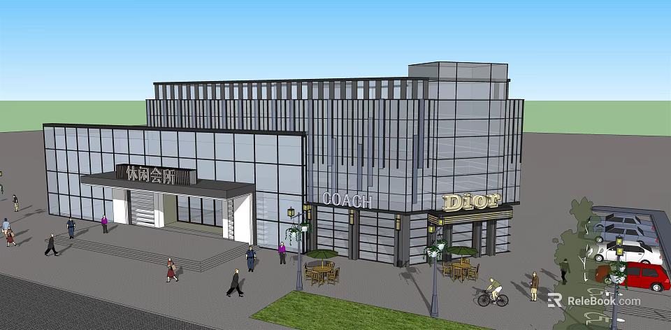 Modern Experience Club Building With Glass Facade And Outdoor Seating Area 3d model 