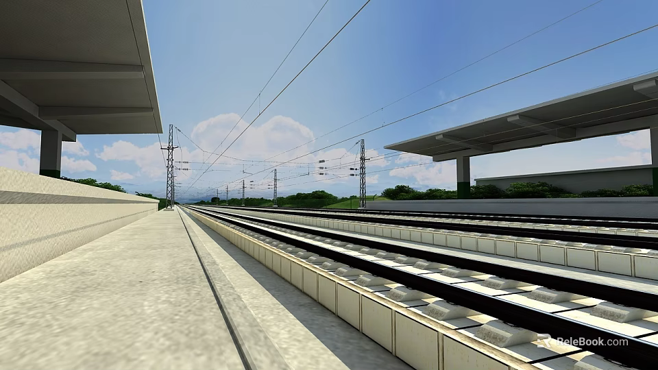 Railway Tracks And Concrete Platform Featuring Overhead Lines And Steel Poles 3d model 