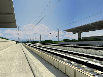 Railway Tracks And Concrete Platform Featuring Overhead Lines And Steel Poles 3d model