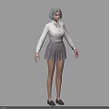 Woman with gray hair wearing white shirt with bow plaid skirt and black shoes