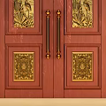 Red Wooden Double Doors With Golden Bird Patterns And Decorative Handles