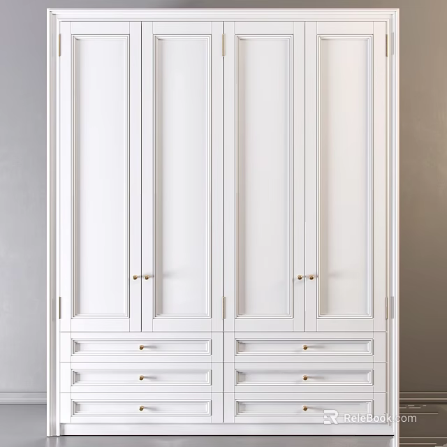 White Wardrobe With Multiple Doors Drawers And Golden Handles Modern Design 3d model 