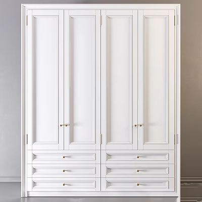 White Wardrobe With Multiple Doors Drawers And Golden Handles Modern Design 3d model