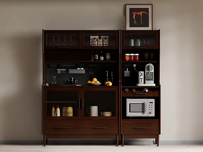 Modern Dark Wooden Sideboard With Glass Door Shelves Glasses Jars Fruits Bottles Drawers And Microwave 3d model
