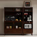 Modern Dark Wooden Sideboard With Glass Door Shelves Glasses Jars Fruits Bottles Drawers And Microwave