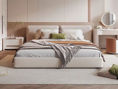 Modern Bedroom Interior with Double Bed Soft Pillows Throw Blanket and Round Mirror 3d model
