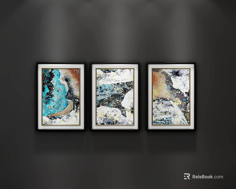 Three White Framed Abstract Paintings on Dark Wall Modern Artwork 3d model