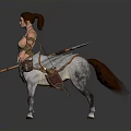 Female Centaur Mythical Creature With Leather Armor Metal Arm Guards Carrying Weapons Standing Arms Outstretched