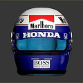 Modern Weapon Themed Racing Helmet Featuring Honda Marboro Logos And Blue White Red Colors