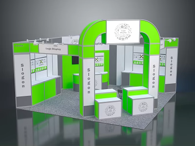Green And White Exhibition Stand With Curved Archway Display Counters And Units 3d model